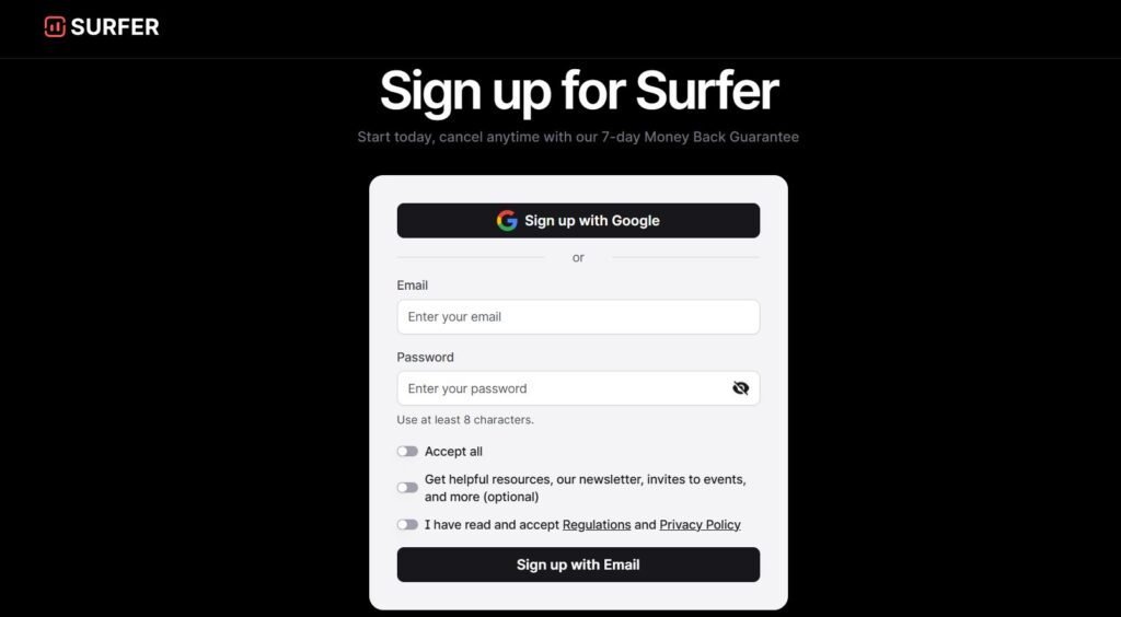 Surfer SEO Signup